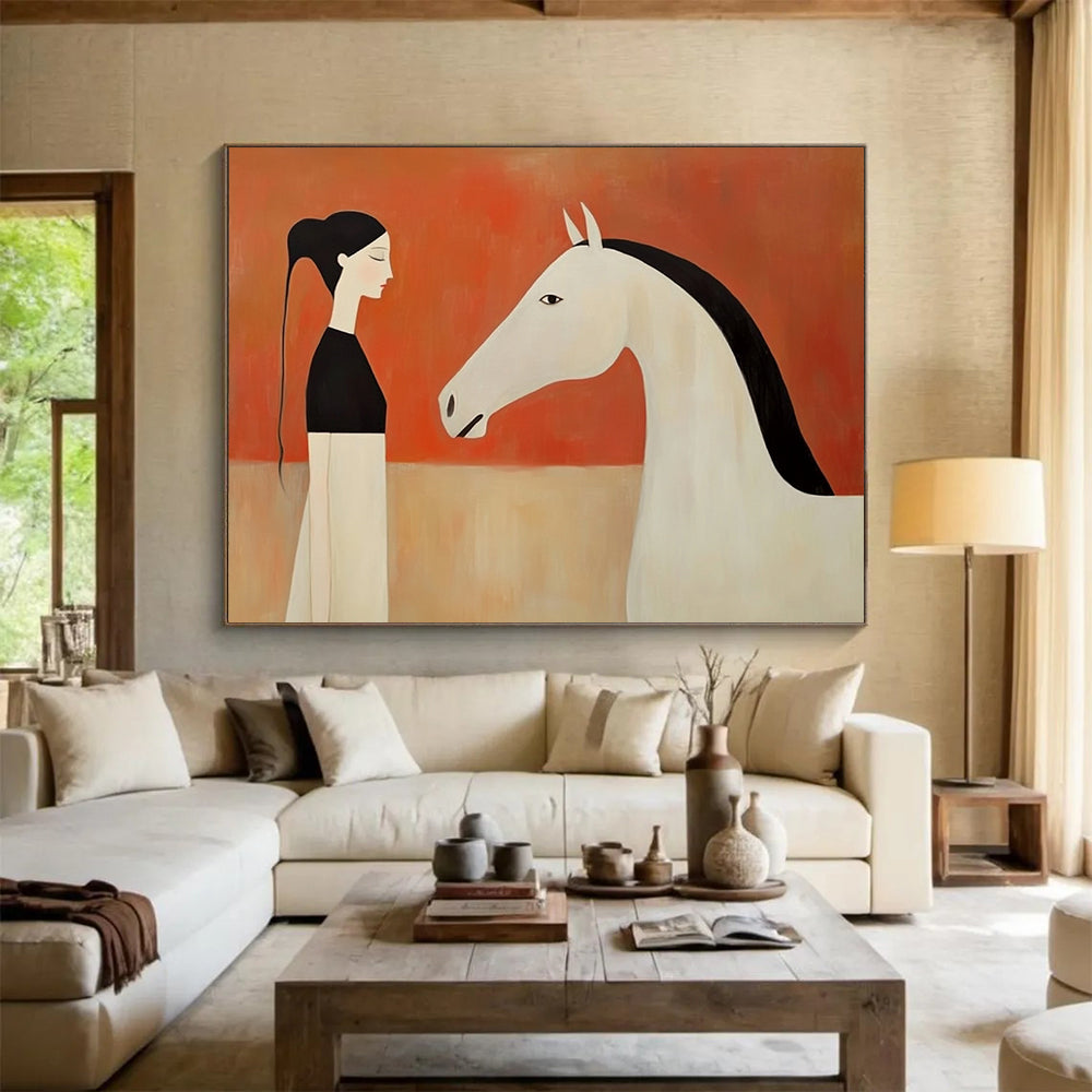 “Stylized Woman & Horse Encounter” - Black, White, Orange, Figurative Painting On Canvas HB0771
