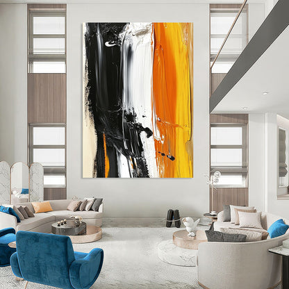 Large contemporary hand-painted abstract artwork featuring striking black white and orange with accents of light yellow on a beige background. DLZ0526