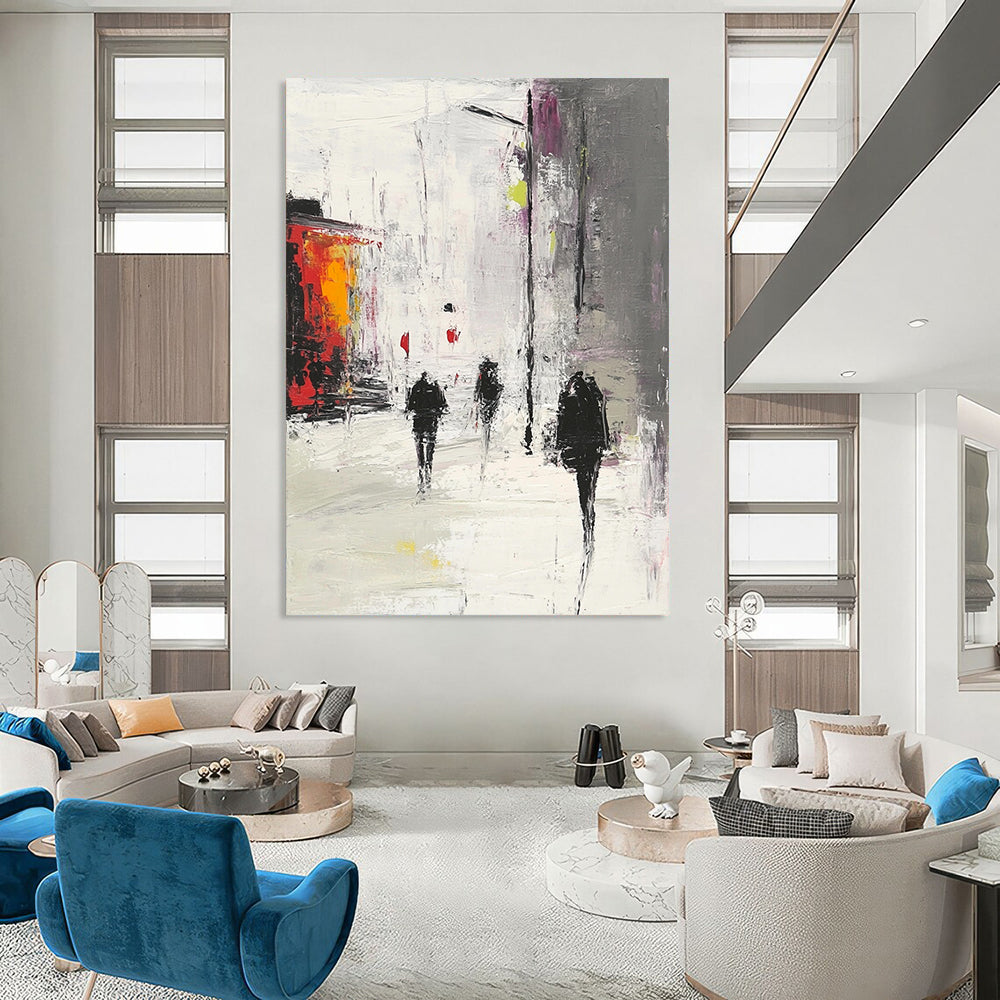 Contemporary hand-painted abstract artwork depicting an urban scene in gray and white with red accents featuring people walking in the rain. DLZ0968