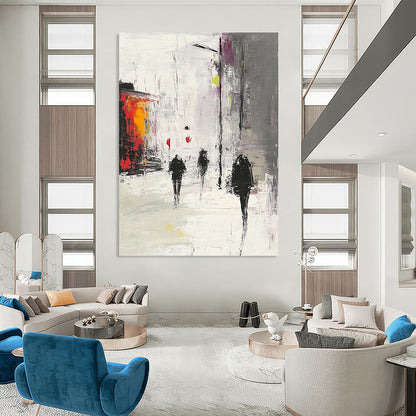 Contemporary hand-painted abstract artwork depicting an urban scene in gray and white with red accents featuring people walking in the rain. DLZ0968