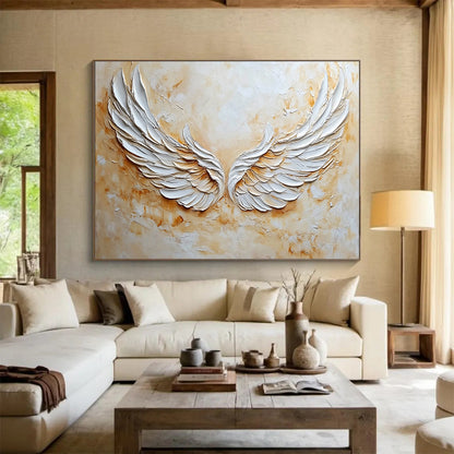 “3D White Angel Wings” - White, Beige, Textured 3D Wings Painting On Canvas HB0781