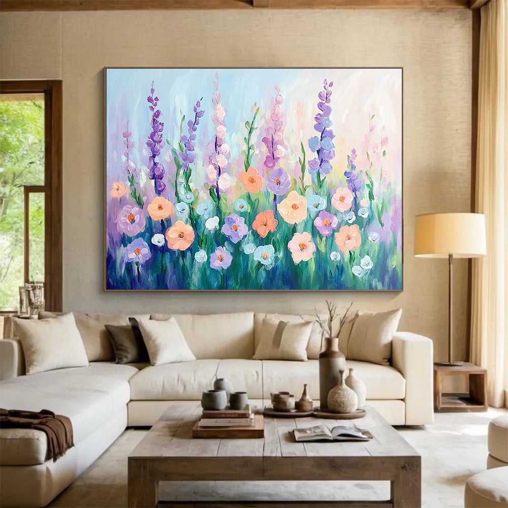 “Pastel Flower Meadow” - Soft lavender, peach, blue flowers, Impressionist Floral Painting On Canvas HB0580