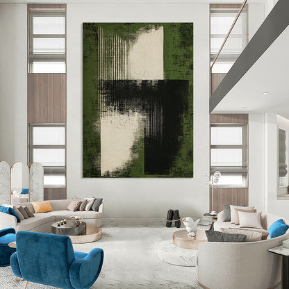 Contemporary abstract art features a minimal black ink brush stroke on a green background evoking mystery and visual harmony with bold gray tones. DLZ1360