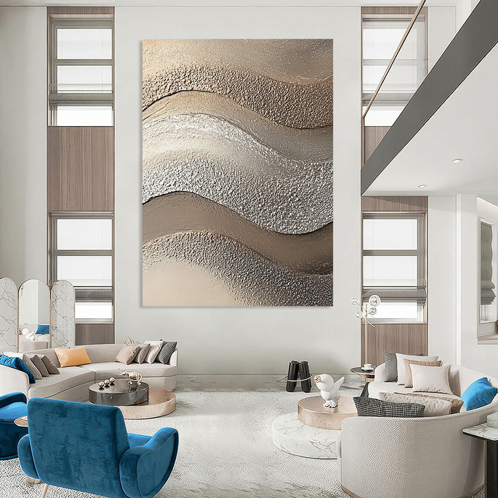 Contemporary abstract artwork showcasing textured sandstone in wave-like patterns with beige and silver tones, enhancing visual depth and captivating beach aesthetics. DLZ1205