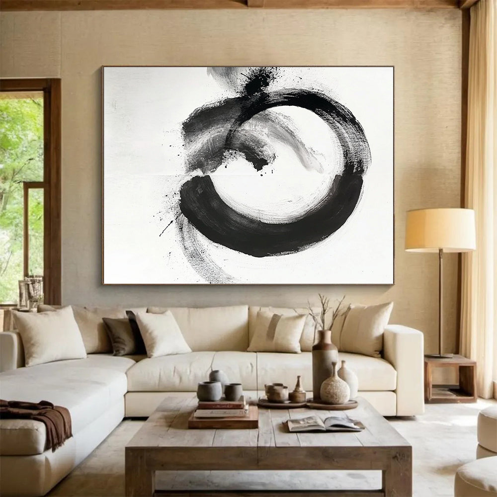 Black and White Mixed Circle "Hybrid Zen" Painting On Canvas HB279