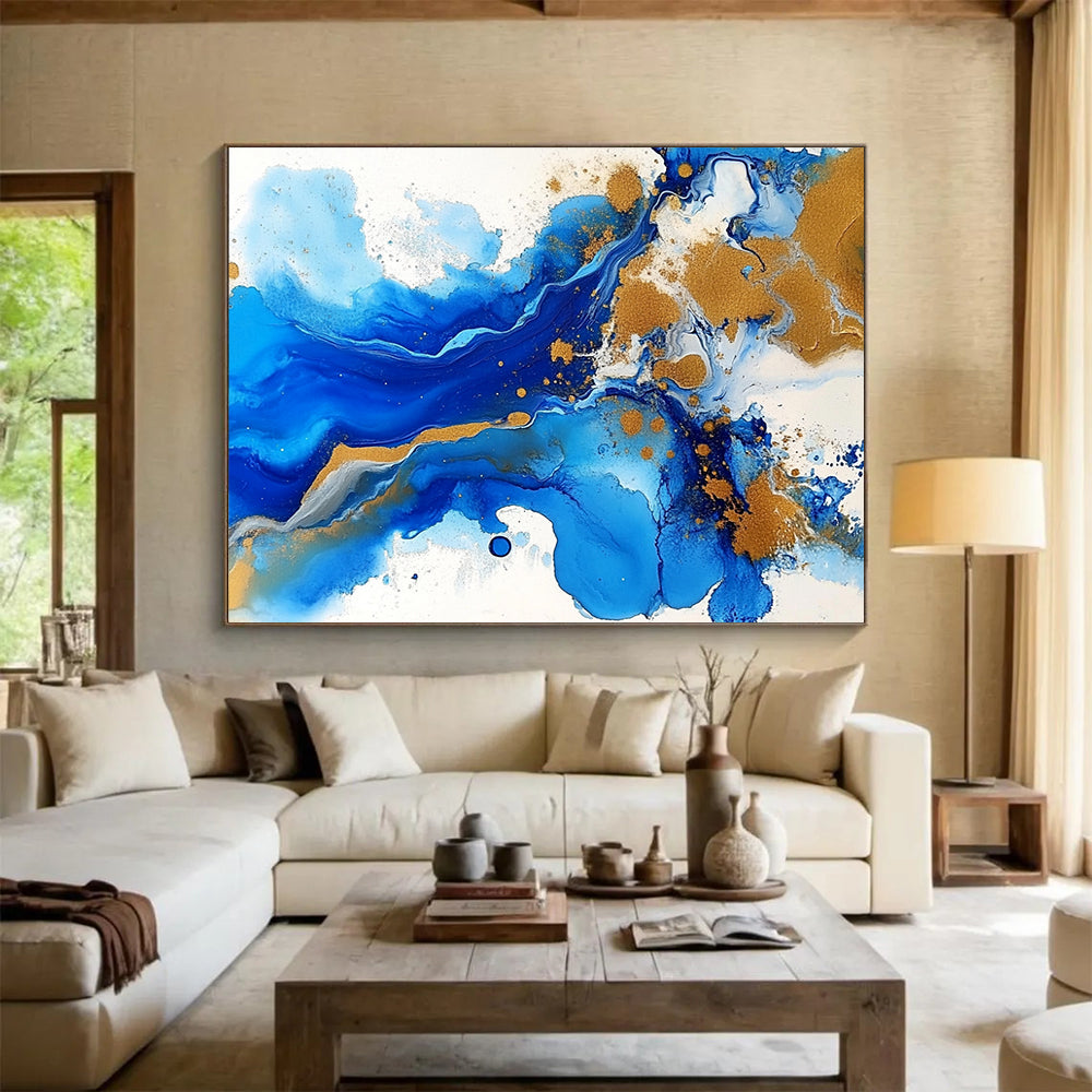 “Blue - Gold Abstract Fluid Waves” - Blue, Gold, White, Fluid Shapes Painting On Canvas HB0842
