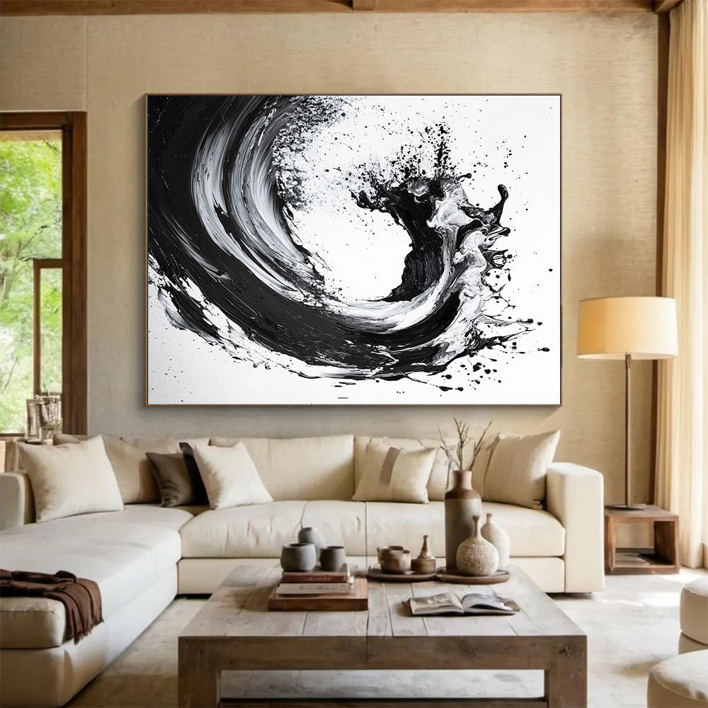 Black, White, Cascading Ink Splash "Ink Cascade" Abstract Expressionist Painting On Canvas HB135