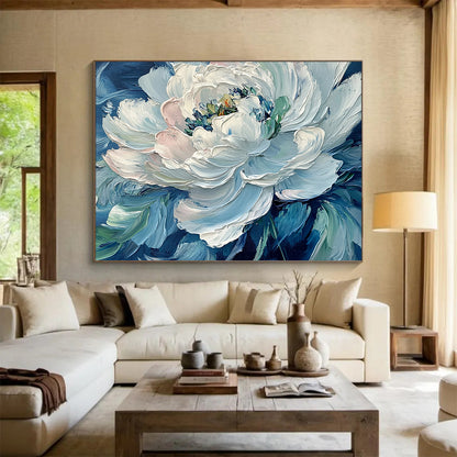 “Impasto White Peony on Blue” - White peony, blue background, thick brushstrokes, Impasto Floral Painting On Canvas HB0599