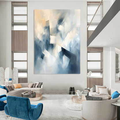 Contemporary abstract painting featuring soft shapes and forms in light blue and white with geometric elements and a dreamlike atmosphere. DLZ0643