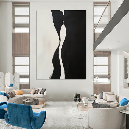 Contemporary hand-painted abstract artwork features two embracing figures with dynamic shapes and compelling negative space in a striking black and white composition. DLZ1543