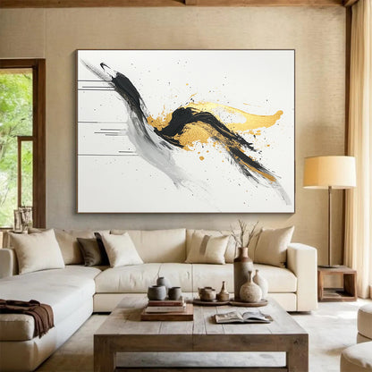 Black, White, Gold, Gray, Dynamic Swirls "Gilded Motion" Abstract Expressionist Painting On Canvas HB095
