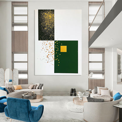 Contemporary abstract artwork featuring minimalist Japandi style with gold ink splatters on white paper and a dark green cardstock centerpiece. DLZ1613