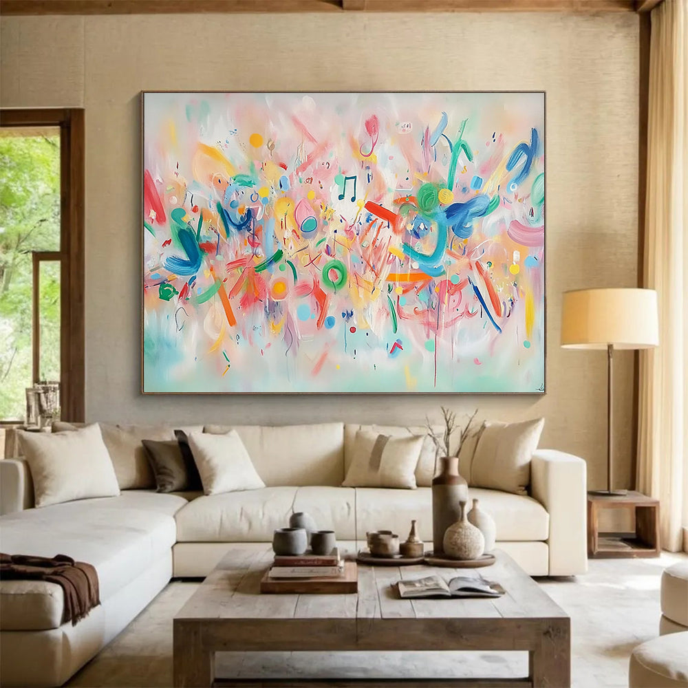 “Melodic Color Burst” - Pastel pinks, musical notes, Abstract Music - Inspired Painting On Canvas HB0571