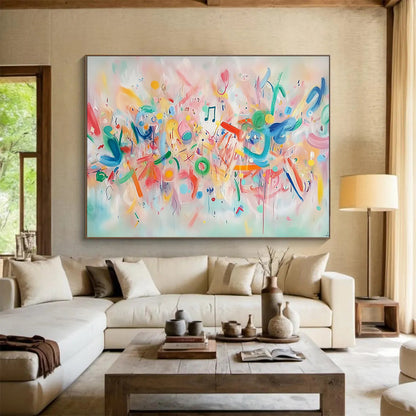 “Melodic Color Burst” - Pastel pinks, musical notes, Abstract Music - Inspired Painting On Canvas HB0571
