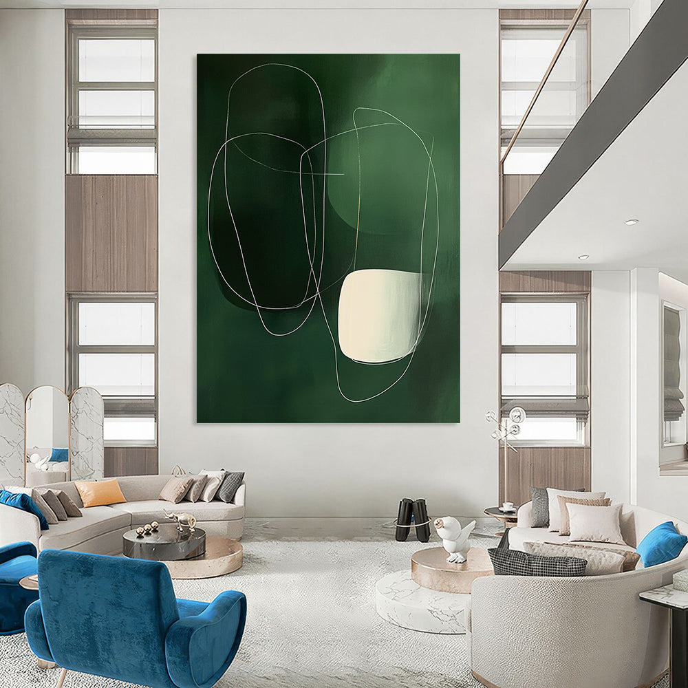 Large contemporary hand-painted abstract art featuring minimalist white lines and shapes on a dark green background with smooth organic curves. DLZ0754