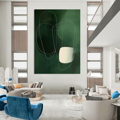 Large contemporary hand-painted abstract art featuring minimalist white lines and shapes on a dark green background with smooth organic curves. DLZ0754