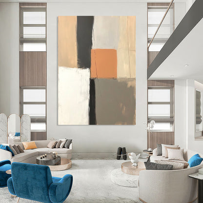 Contemporary hand-painted abstract artwork featuring muted pastel shades with an orange square and contrasting black line for a serene ambiance. DLZ1319