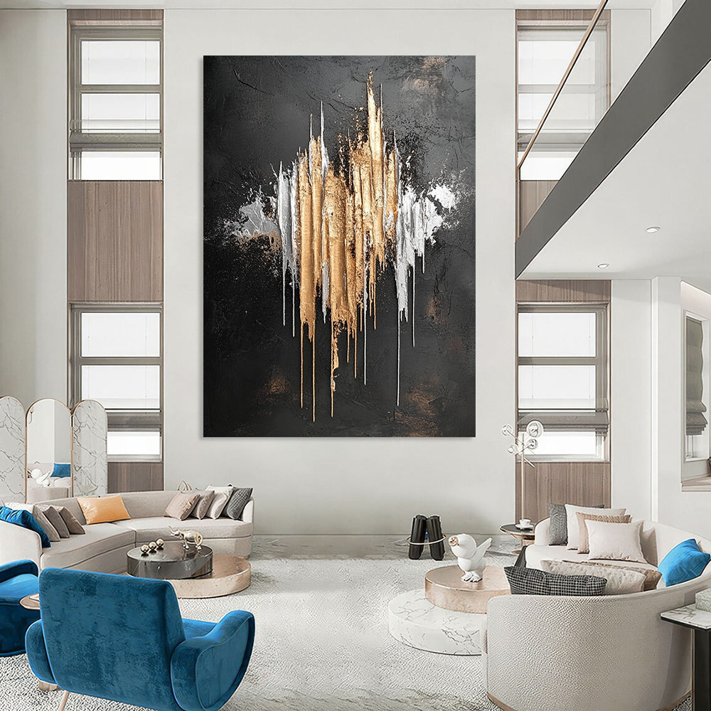 Contemporary hand-painted abstract artwork featuring silver and gold metallic drips on a striking black background inspired by Jackson Pollock. DLZ0802