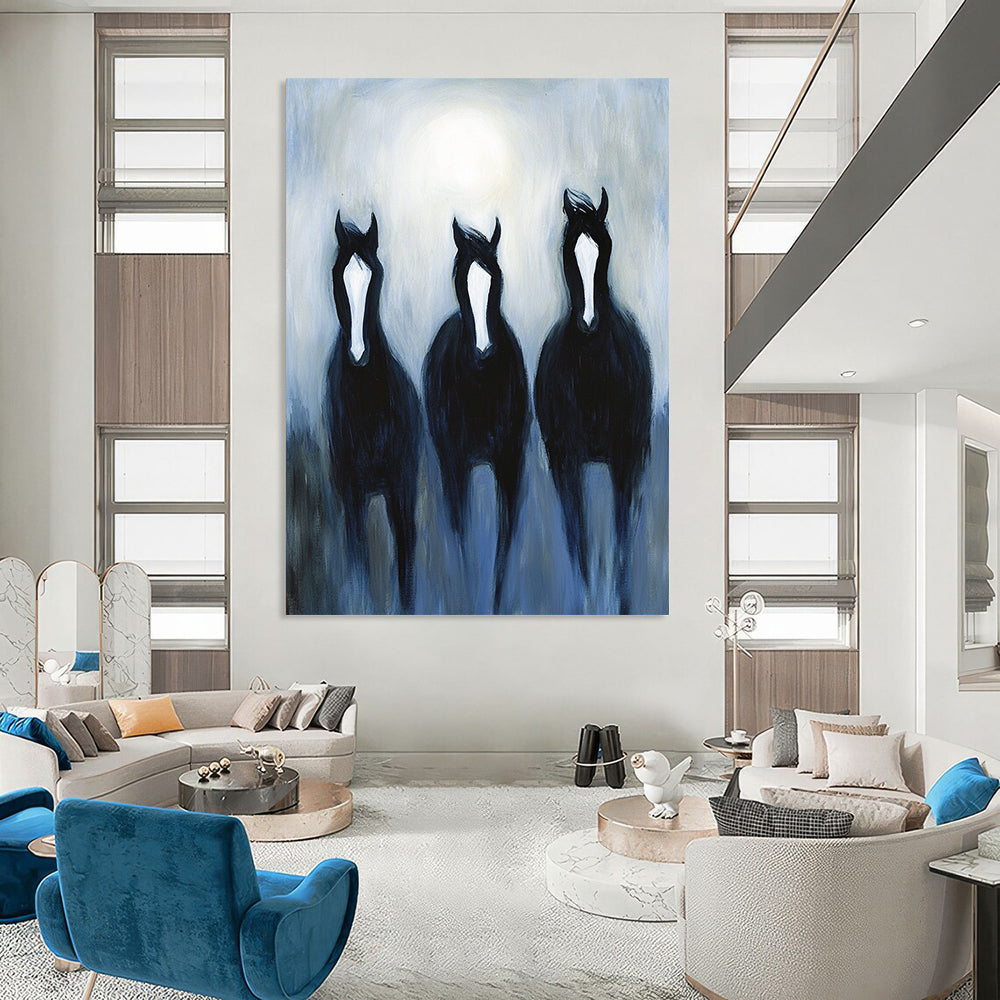 Contemporary hand-painted abstract art features three black horses with white stripes galloping in moonlight against a misty night backdrop. DLZ1713