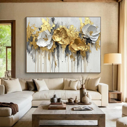 “Gold - White Floral Abstract” - Gold, White, Gray, Textured Flowers - Painting On Canvas HB1414