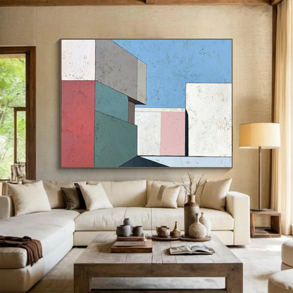 “Pastel Geometric Architecture” - Pink, Green, Blue, Abstract Buildings - Modernist Acrylic Painting HB1499
