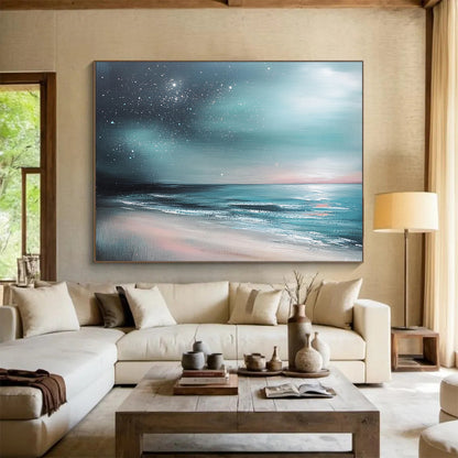 “Aurora Beach” - Teals, Pinks, Purples, Beach Under a Starry, Aurora - Like Sky - Impasto Oil Painting HB1742