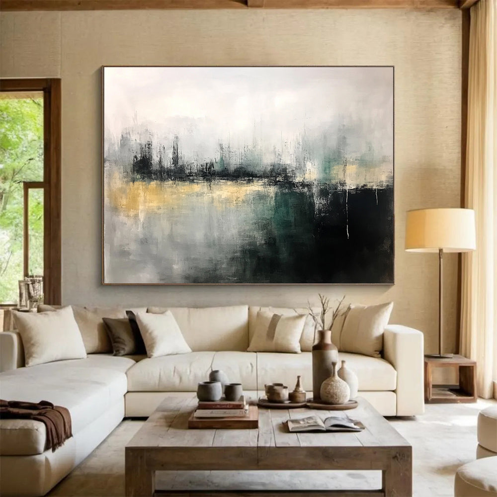 “Gray - Green Abstract Cityscape” - Gray, Green, Abstract Cityscape Painting On Canvas HB1112