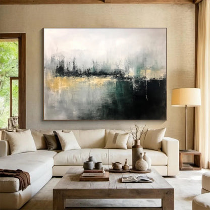 “Gray - Green Abstract Cityscape” - Gray, Green, Abstract Cityscape Painting On Canvas HB1112