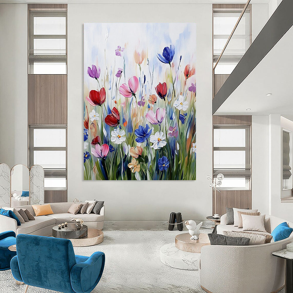 Contemporary hand-painted abstract artwork featuring vibrant wildflowers in soft brushstrokes, showcasing a harmonious color scheme on textured paper. DLZ1496