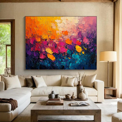 “Blossom Burst” - Vivid oranges, pinks, purples, blue - greens; Thick - textured flower fields; Impasto Landscape Painting On Canvas HB1146