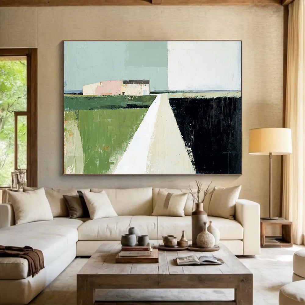 Green, Pink, Blue and Black Minimalist Landscape "Quiet Path" Painting On Canvas HB0658