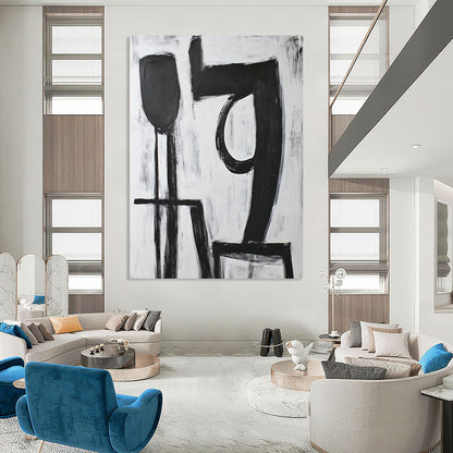 Contemporary hand-painted abstract artwork featuring bold black "9" strokes with a large 'A' shape in front on a pure white background. DLZ1540