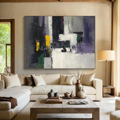 “Colorful Abstract with Figure” - Gray, Purple, Yellow, Green, Figure Silhouette - Painting On Canvas HB1428