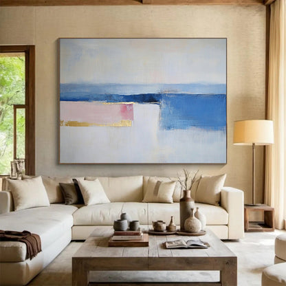 “Soft Horizon” - Blue, Pink, Gold, Minimalist Abstract Landscape Painting On Canvas HB1057