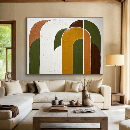 “Textured Color Arches” - Green, orange, white, brown, Textural Abstract Painting HB0623