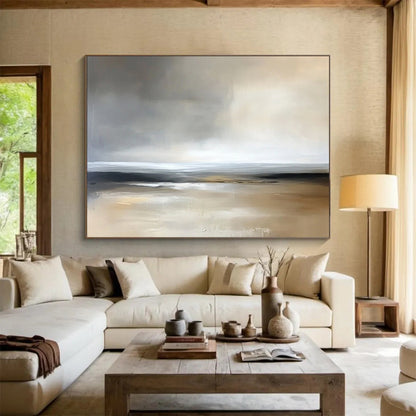 “Muted Coastal Calm” - Grays, beiges, whites; Abstract minimalist beach scene; Soft Acrylic Painting On Canvas HB1181