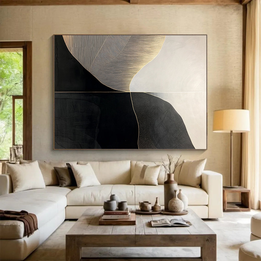 Black, White, Gold, Curved Geometry "Gilded Horizon" Abstract Modernist Painting On Canvas HB140