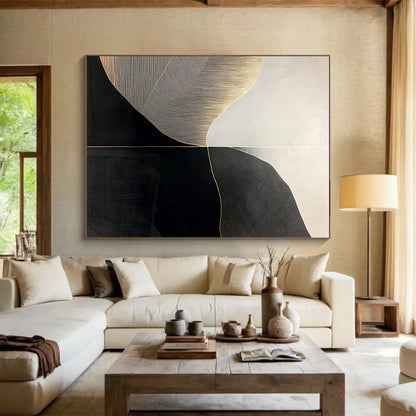 Black, White, Gold, Curved Geometry "Gilded Horizon" Abstract Modernist Painting On Canvas HB140