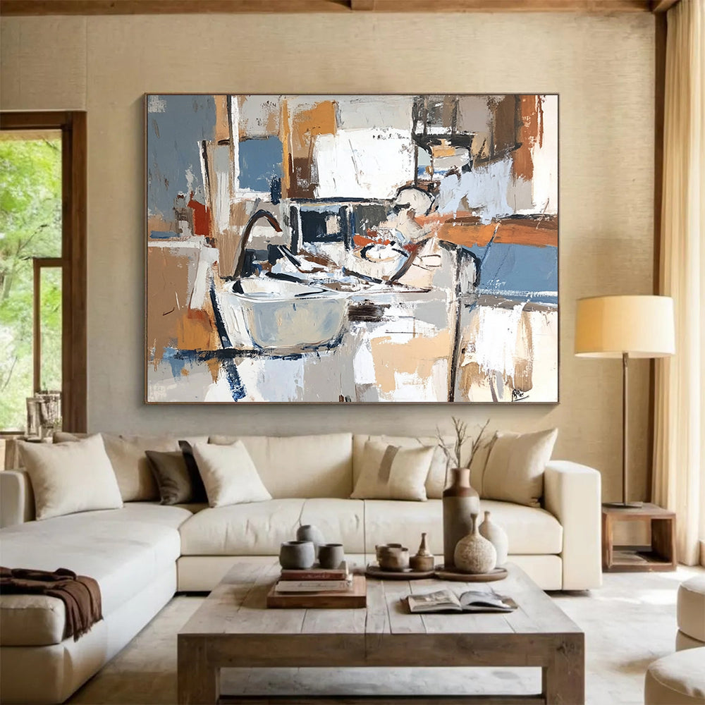 Neutral - Toned Kitchen Chaos – Abstract Acrylic Kitchen Scene Painting HB1466