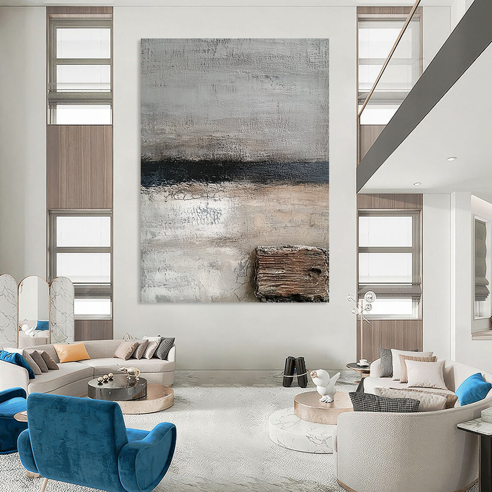 Contemporary hand-painted abstract art featuring shades of gray and white with textured wood and hints of dark blue for a serene aesthetic. DLZ0925