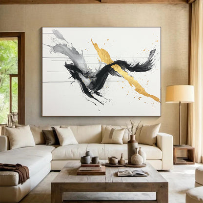 Black, White, Gold, Gray, Twisted Swirls "Gilded Twist" Abstract Expressionist Painting On Canvas HB097