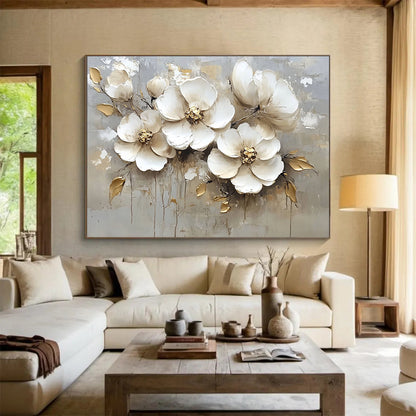 “White Flowers with Gold Accents” - White, Gold, Gray, Textured White Flowers with Gold Details - Impasto Oil Painting HB1784