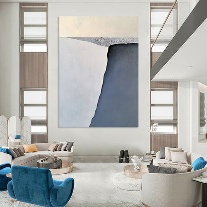 Contemporary large abstract painting features serene gray-blue and white iceberg forms with soft brushstrokes balanced on a flat gray base. DLZ1006