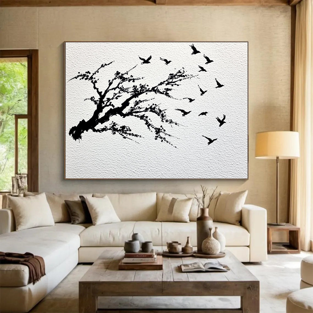 “Black - White Plum Blossom & Birds” - Black, White, Minimalist Nature Silhouettes - Ink Painting HB1631