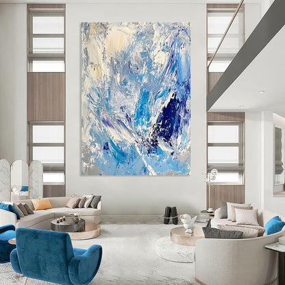 Contemporary large abstract artwork featuring thick impasto strokes in light blue, white, and silver, evoking the essence of ice and snow. DLZ0624