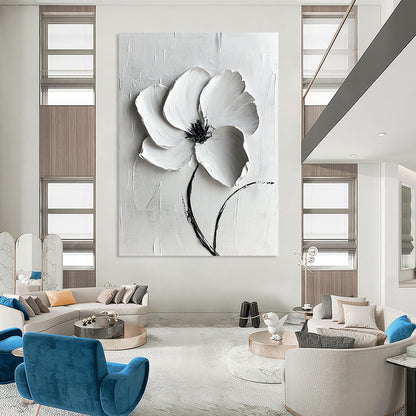 Contemporary large abstract painting featuring a white flower with textured lines and gentle lighting on a pure white background. DLZ1741