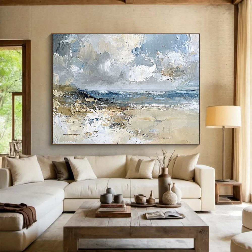 “Impasto Beachscape” - Gray, Blue, Beige, Textured Seaside Scene Painting On Canvas HB1032