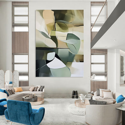 Contemporary abstract artwork featuring muted green tones and light colors against a dark gray background, inspired by Frey and Marie-Suze van der Hout. DLZ0490