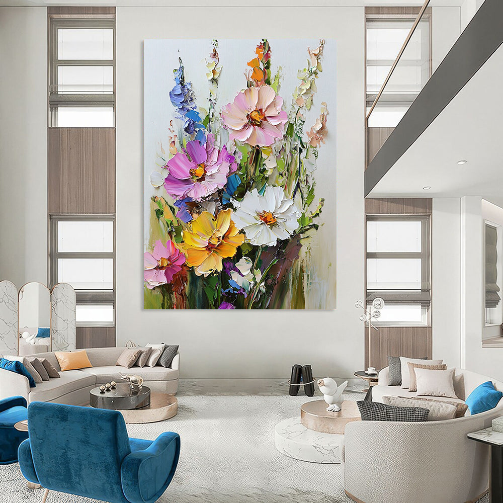 Vibrant contemporary hand-painted abstract art featuring a textured bouquet of flowers with rich colors against a clean white background. DLZ1674