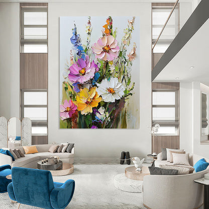Vibrant contemporary hand-painted abstract art featuring a textured bouquet of flowers with rich colors against a clean white background. DLZ1674